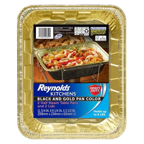 2 pack Reynolds Kitchens Heavy Duty Disposable Half Steam Pans with Lids, Black and Gold, 11.75 x 9.25 x 2.5in., 2 Count