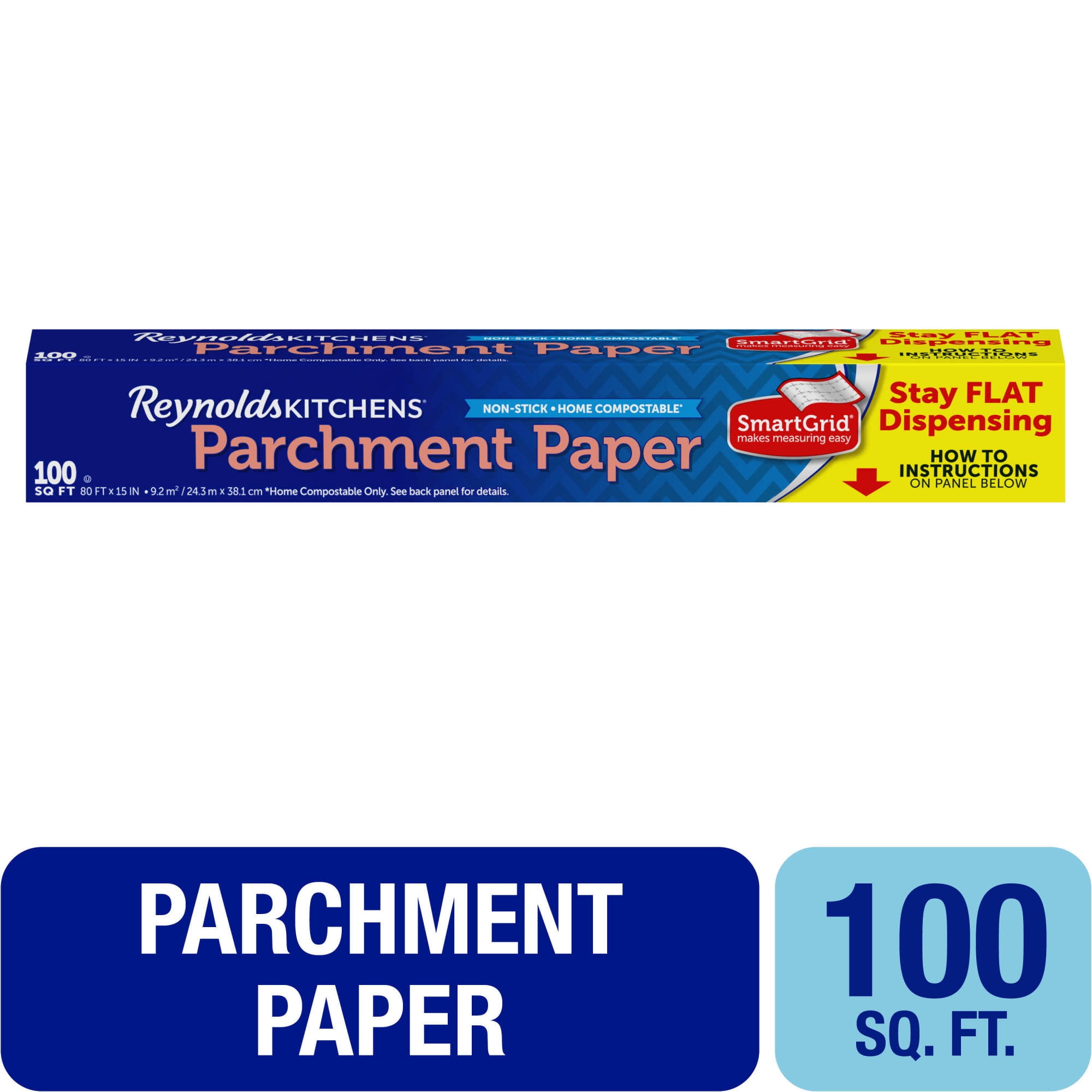 Reynolds Kitchens Stay Flat Parchment Paper Roll with SmartGrid, 80 ft x 15 in, 100 Total Sq. Ft.