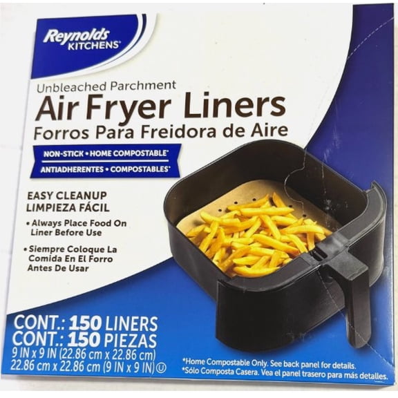 Reynolds Kitchens Unbleached Parchment Air Fryer Liners, Non-Stick, 9 x 9 in, 150 Count