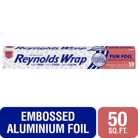 Reynolds Wrap Fun Foil Heart Patterned Aluminum Foil Roll, 16.6 Yards x 12 inches, 50 Total Sq. Ft.