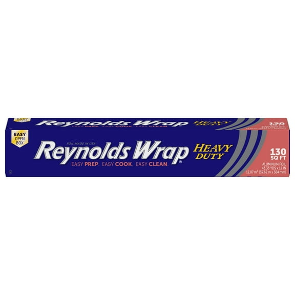 Reynolds Wrap Heavy Duty Aluminum Foil Roll, Thick Heavy Duty Foil for Added Strength and Durability, Secure Easy Open and Close Tab, 12 Inches Wide, 130 Sq. Ft.
