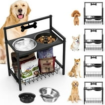 Reyox Elevated Dog Bowls, 4 Height Adjustable Raised Dog Food Bowls with Slow Feeder Dog Bowls Stainless Steel Dog Food Bowls and Storage Racks