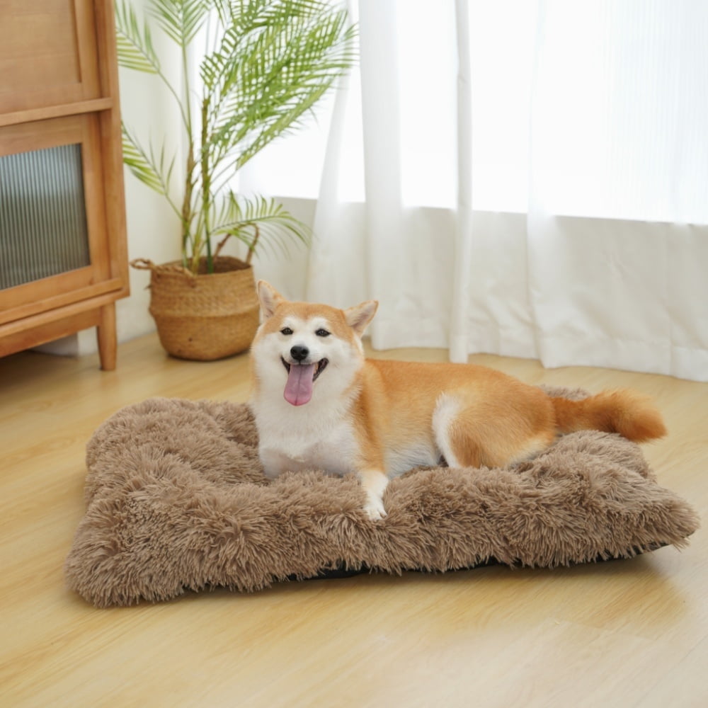Reyox Large Dog Bed, 35 x 23 inch Fluffy Plush Dog Cage Bed, Washable Dog Mat with Non-Slip Bottom for Large and Medium Dogs,Khaki