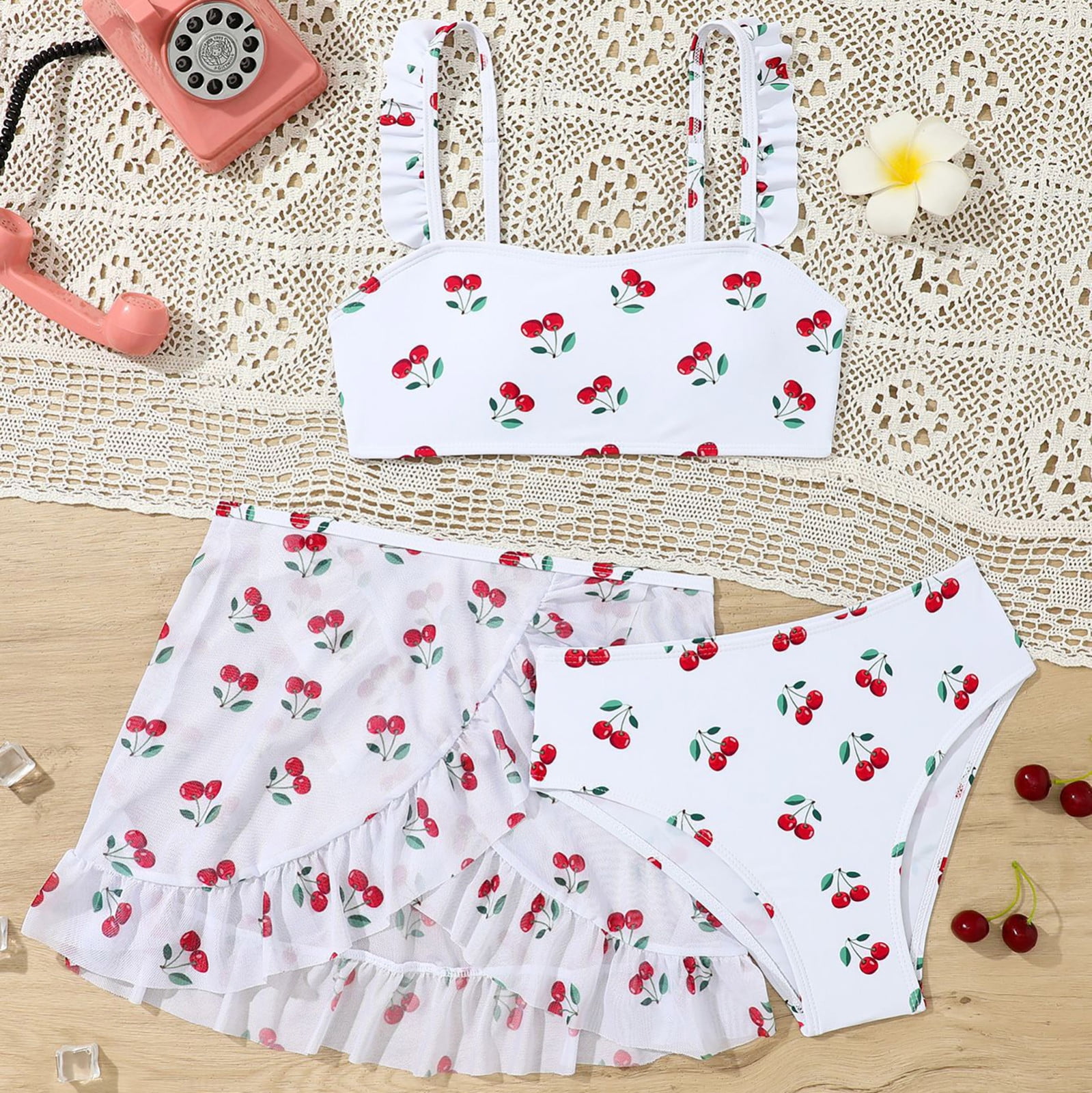 Babyhug Sleeveless Checkered V Cut Swimsuit with Cherry Print - Red
