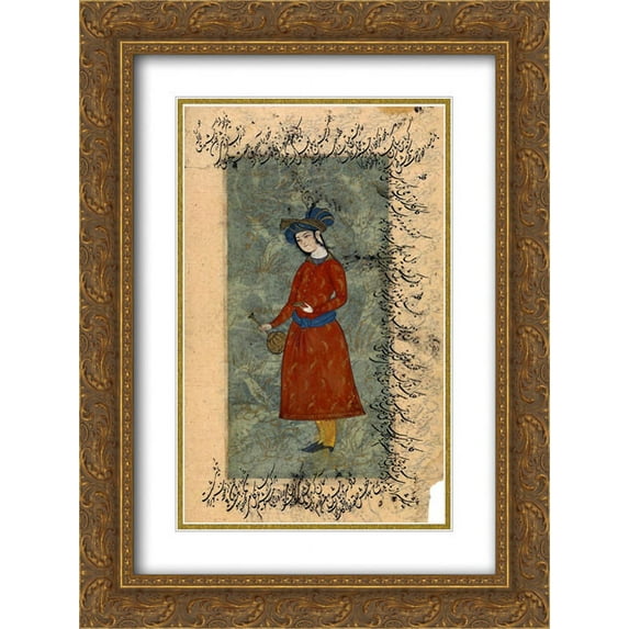 Reza Abbasi 2x Matted 18x24 Gold Ornate Framed Art Print 'Young man with a bottle and a wine-cup'