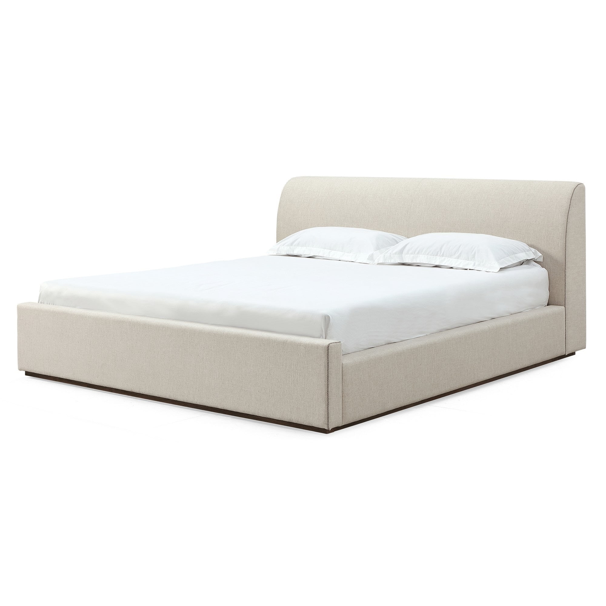 Reza Full Size Platform Bed, Sleigh Headboard, Low Profile, Beige Linen