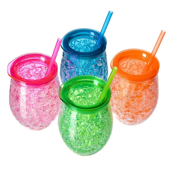 Rezlli Cute Shape Frosty Freezer Ice Mugs with Straw Clear 11.8oz Set of 4(Red, green, blue and orange) (Oval)