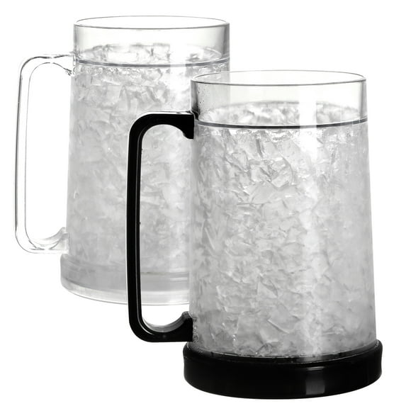 Rezlli Double Wall Gel Frosty Freezer Ice Mugs Clear 16oz Set of 2 (Black and White)