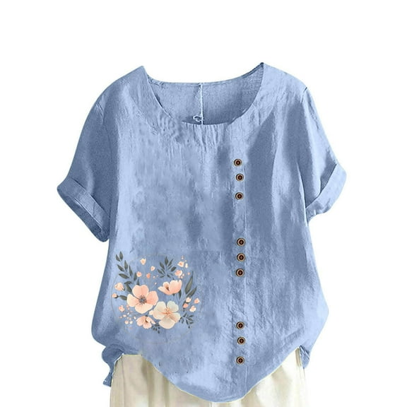 Rezuofi 1 Pcs 2025 Cotton Linen Tops for Women Loose Fit Casual Roll Up Short Sleeve T-Shirt Trendy Cute Floral Print Blouse Summer