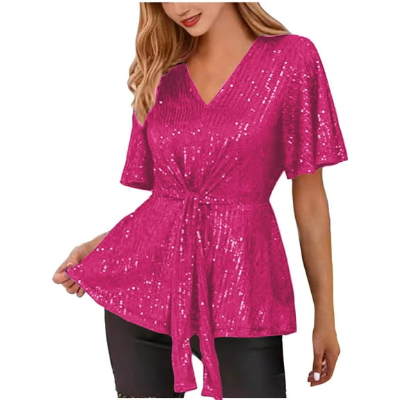 Rezuofi 1 Pcs 2025 Women's Elegant Sequin Tops V Neck Tie Front Short Bell Sleeve Shirts Peplum Tops Blouse
