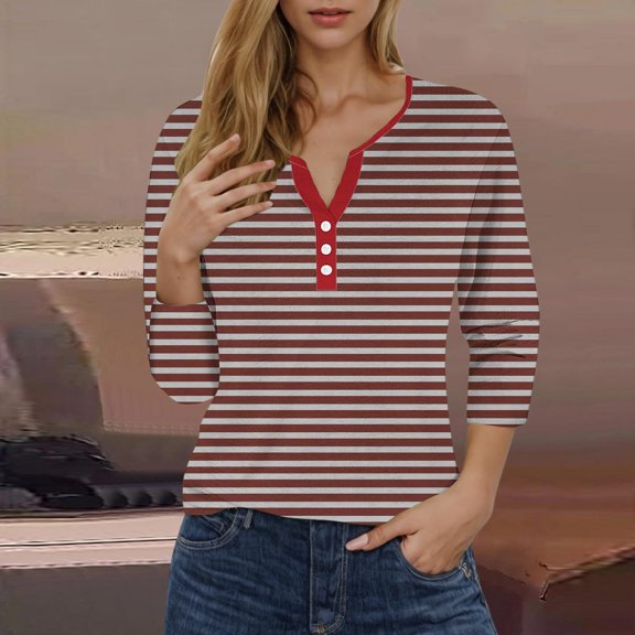 Rezuofi 1 Pcs 3/4 Sleeve Tops for Women Henley Raglan Notched V Neck T Shirts Three Quarter Length Button Shirts Womens Blouses