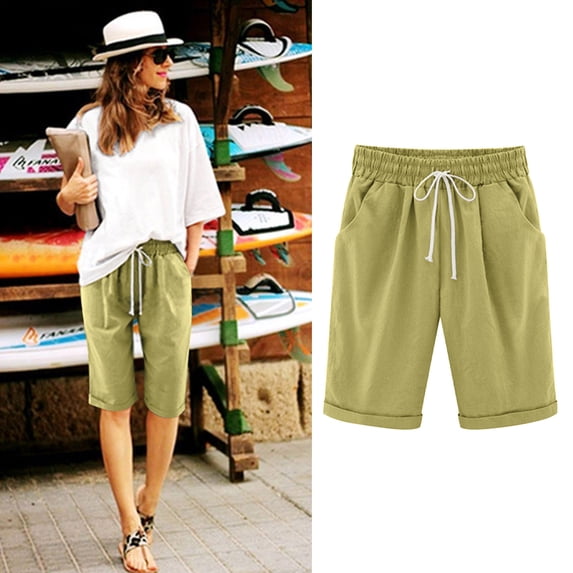 Rezuofi 1 Pcs Bermuda Shorts for Women 2025 Casual Summer Beach Drawstring Shorts with Pocket Knee Length Loose Cute Vacation Short