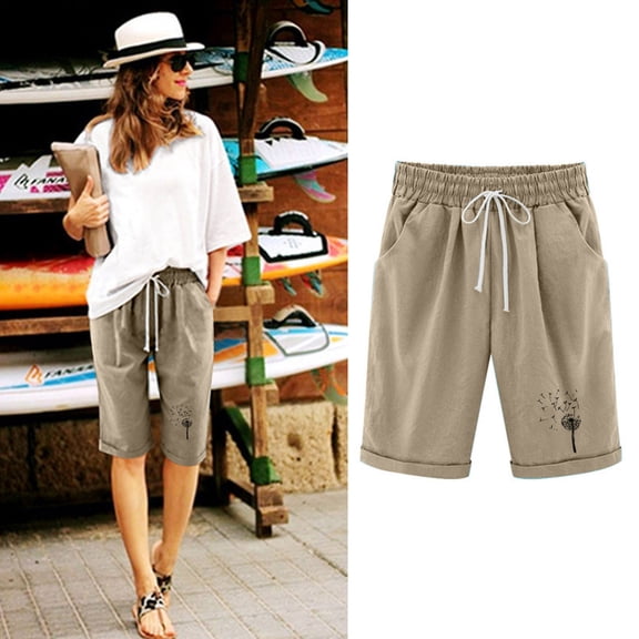 Rezuofi 1 Pcs Bermuda Shorts for Women Summer Casual Linen Pants Knee Length Bermuda Short Elastic Waist Drawstring Pocket Capris