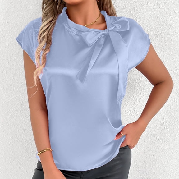 Rezuofi 1 Pcs Business Casual Tops for Women Blouses Dressy 2025 Summer Short Sleeve Ruffle Satin Work Office Attire