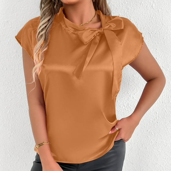 Rezuofi 1 Pcs Business Casual Tops for Women Blouses Dressy 2025 Summer Short Sleeve Ruffle Satin Work Office Attire