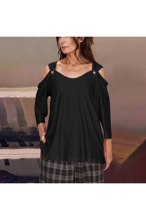 1 Pcs Clod Sholuder Tops for Women 2025 Summer Hollow Out Eyelet 3/4 Sleeve T Shirts Going Out Blouses Ladies Tunic