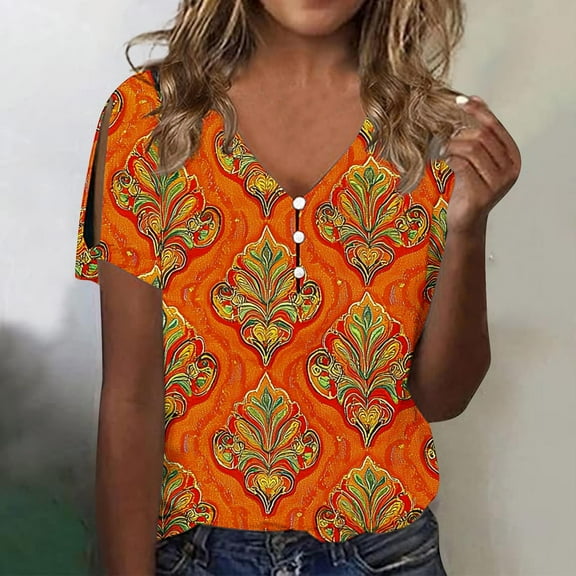 Rezuofi 1 Pcs Cold Shoulder Boho Tops for Women Short Sleeve Button V Neck Graphic Tees Ladies Summer Tops and Blouses Dressy Casual