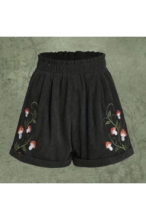 1 Pcs Corduroy Shorts for Women Mushroom Embroidery Cottagecore Clothing Summer Casual Elastic Paperbag Waist Sweat Shorts