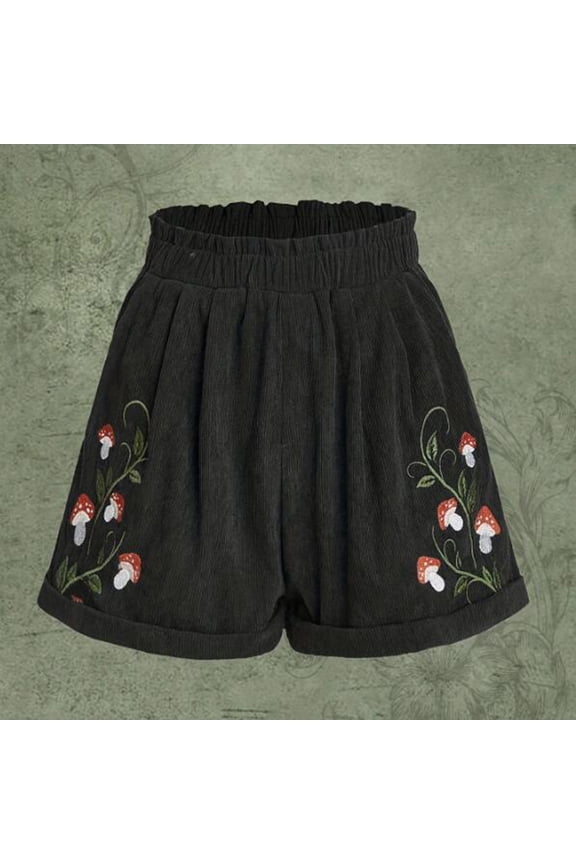 1 Pcs Corduroy Shorts for Women Mushroom Embroidery Cottagecore Clothing Summer Casual Elastic Paperbag Waist Sweat Shorts