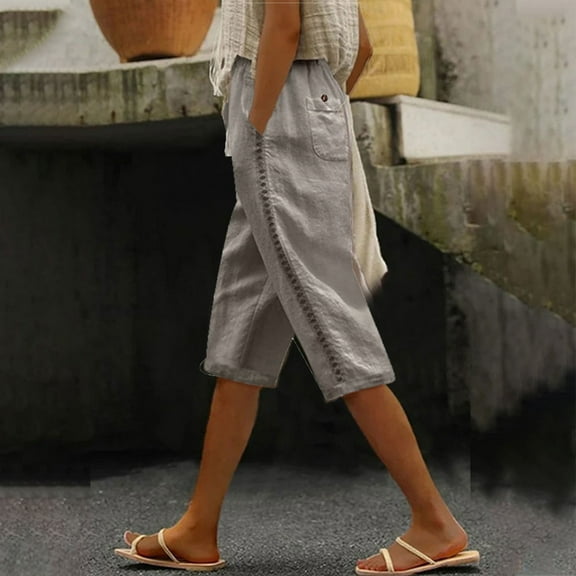 Rezuofi 1 Pcs Cotton Linen Shorts for Women 2025 Summer Casual Loose Fit Beach Bermuda Shorts Knee Length Pants with Pockets