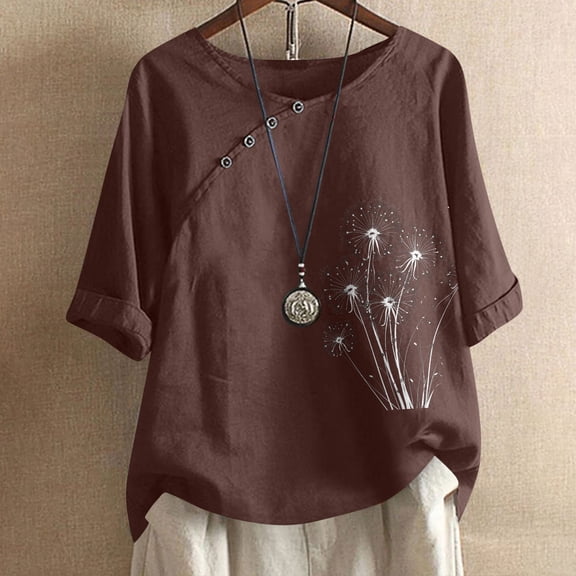 Rezuofi 1 Pcs Cotton Linen Tops for Women Loose Fit Casual Roll Up Short Sleeve T-Shirt Cute Floral Print Boho Blouse 2025 Summer