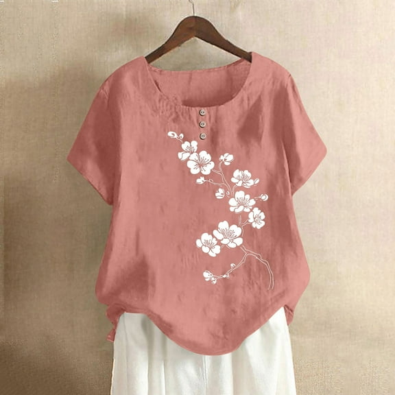 Rezuofi 1 Pcs Cotton Linen Tops for Womens 2025 Crewneck Roll Up Short Sleeve Tshirt Trendy Floral Print Casual Loose Fitted Blouse