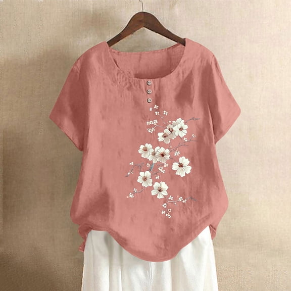 Rezuofi 1 Pcs Cotton Linen Tops for Womens 2025 Crewneck Roll Up Short Sleeve Tshirt Trendy Floral Print Casual Loose Fitted Blouse