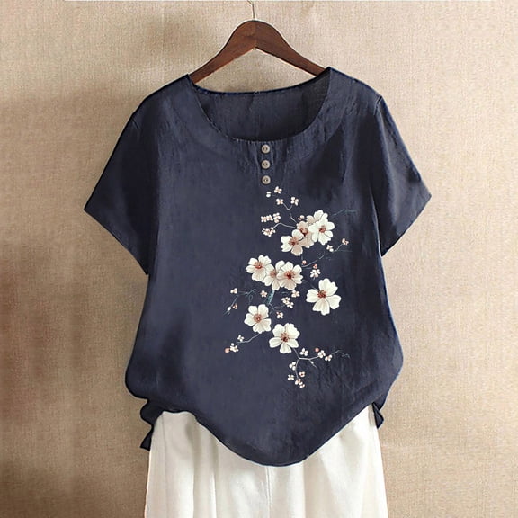 Rezuofi 1 Pcs Cotton Linen Tops for Womens 2025 Crewneck Roll Up Short Sleeve Tshirt Trendy Floral Print Casual Loose Fitted Blouse