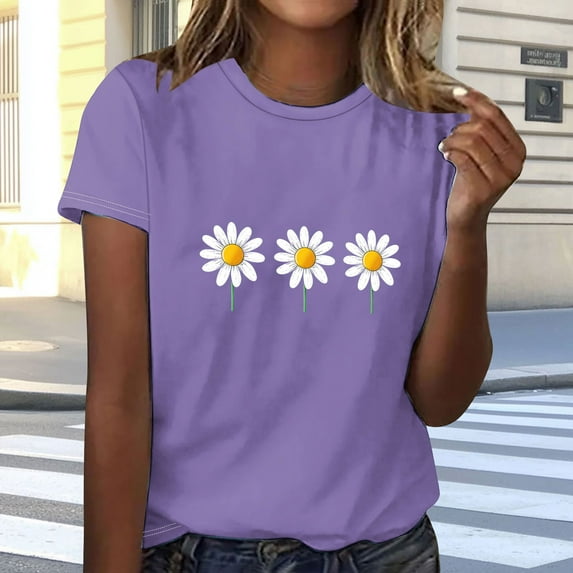 Rezuofi 1 Pcs Daisy Shirts for Women Oversized T Shirts Flower Graphic Tees Vintage Floral Print Crewneck Cotton Short Sleeve Tops