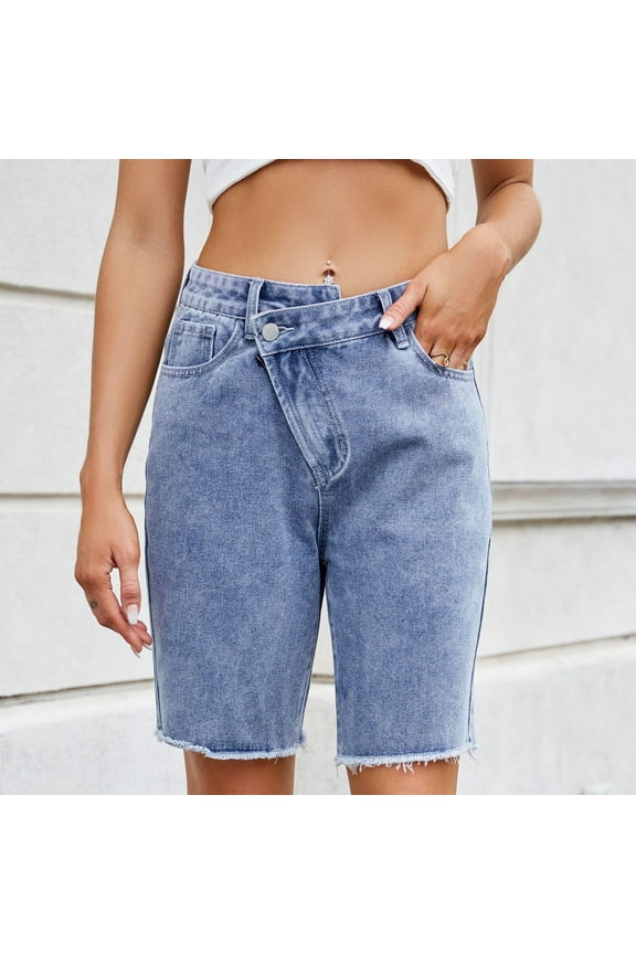 1 Pcs Denim Bermuda Shorts Women Frayed Hem Jean Short Streetwear Straight Leg Short with Pocket Clearance