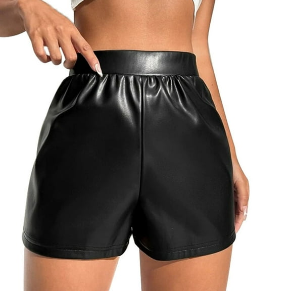 Rezuofi 1 Pcs Faux Leather Shorts for Women High Waist Pleated Wide Leg Stretchy Shorts with Pockets Short PU Leather Pants