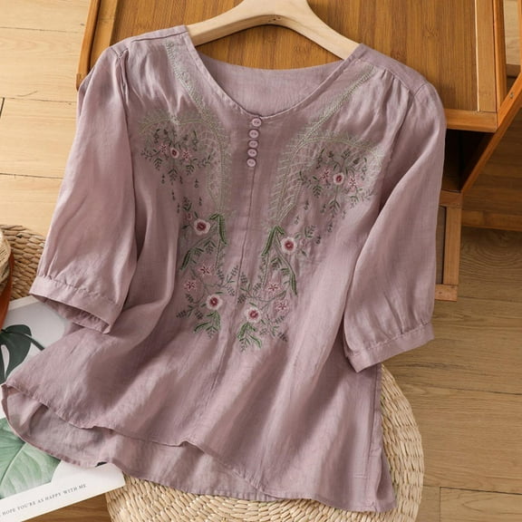 Rezuofi 1 Pcs Floral Embroidered Tops Cotton Linen Shirts Boho Ethnic Style Peasant Tee Women 3/4 Sleeve V Neck Button Tunic Tshirt