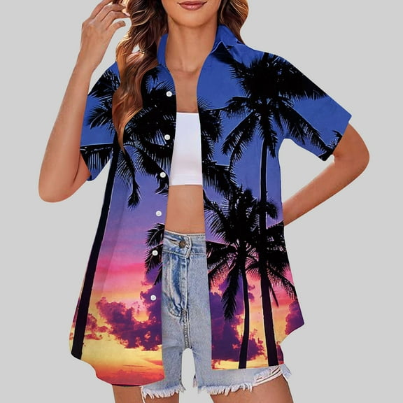 Rezuofi 1 Pcs Hawaiian Shirts Women Hawaii Tshirt Cool Floral Tropic Print Graphic Tees Tops Button Up Summer Vacation Shirt