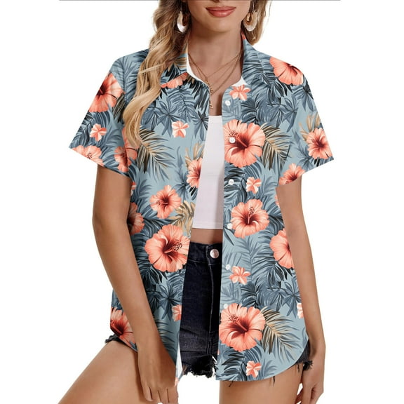 Rezuofi 1 Pcs Hawaiian Shirts for Women Summer Button Up Short Sleeve Beach Shirt Plus Size Floral Tropical Print Tops Cool Blouses