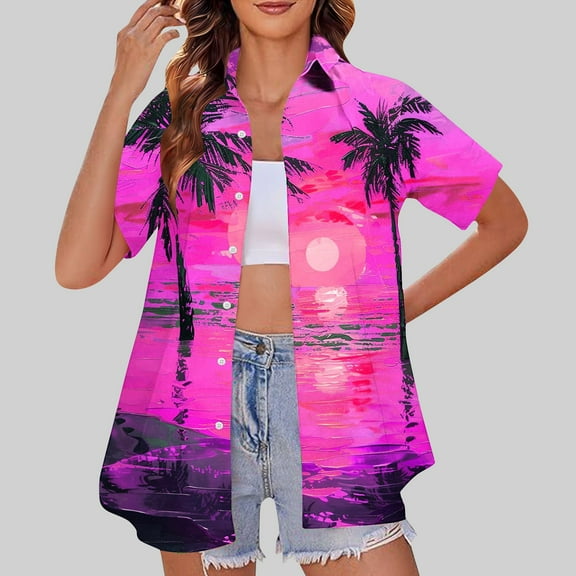 Rezuofi 1 Pcs Hawaiian Shirts for Women Summer Cool Hawaii Floral Tropic Print Blouses Beach Short Sleeve Button Up Tops