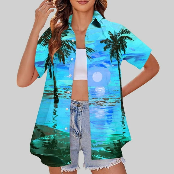 Rezuofi 1 Pcs Hawaiian Shirts for Women Summer Cool Hawaii Floral Tropic Print Blouses Beach Short Sleeve Button Up Tops