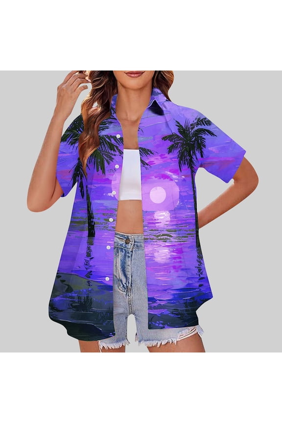 1 Pcs Hawaiian Shirts for Women Summer Cool Hawaii Floral Tropic Print Blouses Beach Short Sleeve Button Up Tops