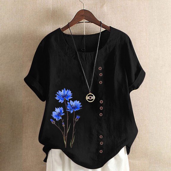 Rezuofi 1 Pcs Linen Shirts for Women Loose Fit Casual Summer Boho Tops Printed Crew Neck Buttons Short Sleeve Trendy Blouses