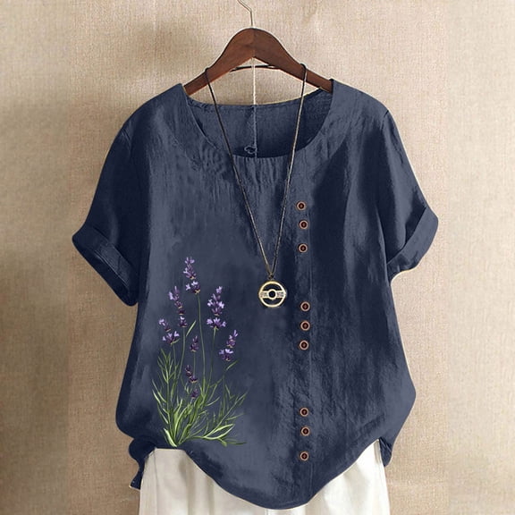 Rezuofi 1 Pcs Linen Shirts for Women Loose Fit Casual Summer Boho Tops Printed Crew Neck Buttons Short Sleeve Trendy Blouses