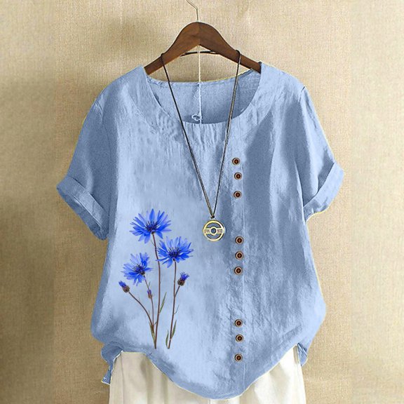 Rezuofi 1 Pcs Linen Shirts for Women Loose Fit Casual Summer Boho Tops Printed Crew Neck Buttons Short Sleeve Trendy Blouses