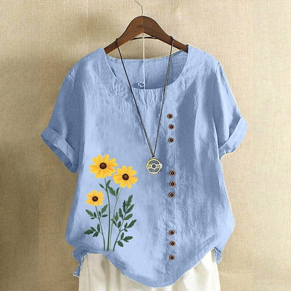 Rezuofi 1 Pcs Linen Shirts for Women Trendy Crewneck Plus Sized Tunic Blouse Casual Short Sleeve Button Down Summer Tops