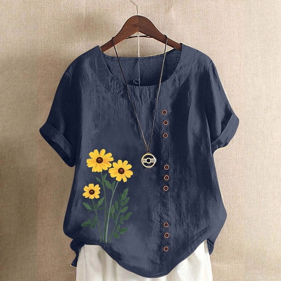 Rezuofi 1 Pcs Linen Shirts for Women Trendy Crewneck Plus Sized Tunic Blouse Casual Short Sleeve Button Down Summer Tops