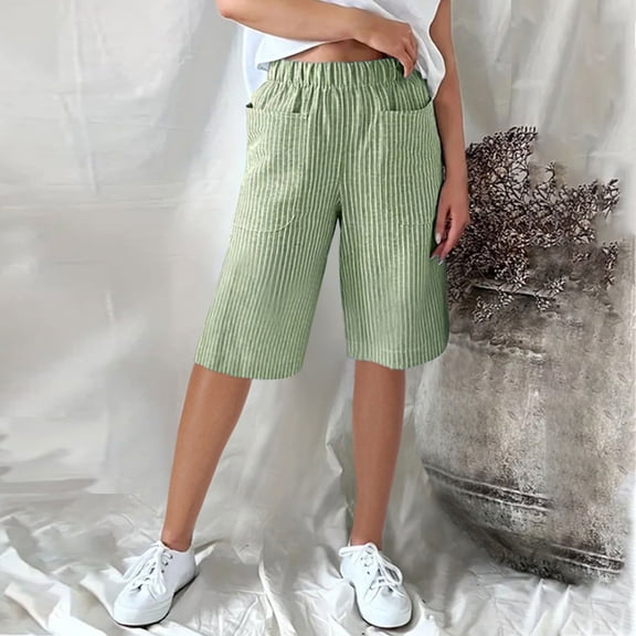 Rezuofi 1 Pcs Linen Shorts for Women Knee Length 2025 Striped Bermuda Shorts Summer Casual Elastic Waisted Shorts with Pockets