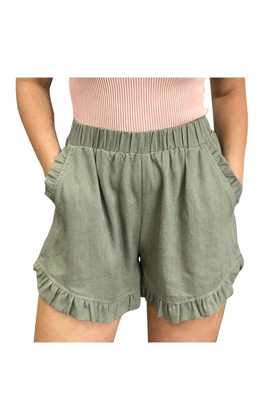 1 Pcs Linen Shorts for Women Scallop Hem Elastic Shorts Summer Beach Casual Comfy Shorts Bermuda Shorts High Waist Shorts