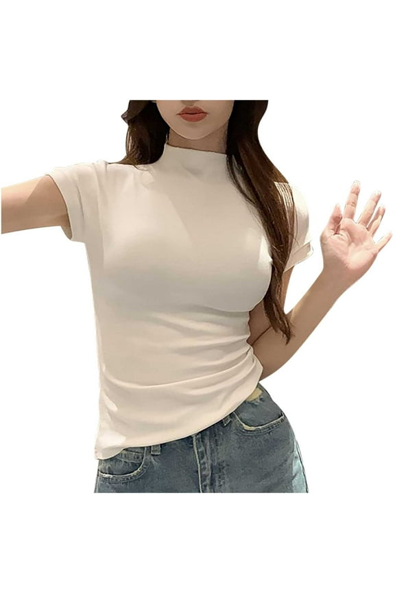 1 Pcs Mock Turtleneck Short Sleeve Tops for Women, Mock Neck Fitted T-Shirt Flowey Print Baselayer Office Tee