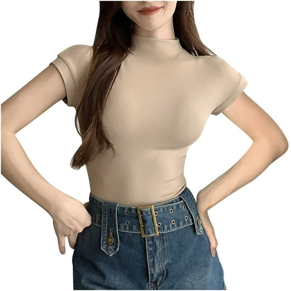 Rezuofi 1 Pcs Mock Turtleneck Short Sleeve Tops for Women, Mock Neck Fitted T-Shirt Flowey Print Baselayer Office Tee