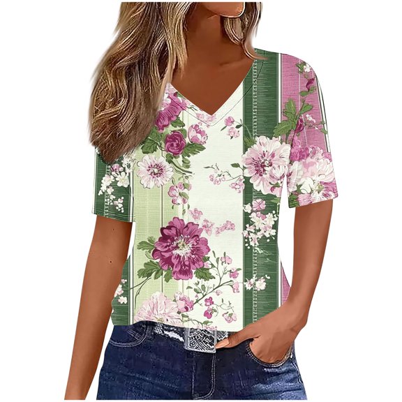 Rezuofi 1 Pcs Plus-Size Womens Tops V Neck Color Block Tee Side Split Striped Tunics 2025