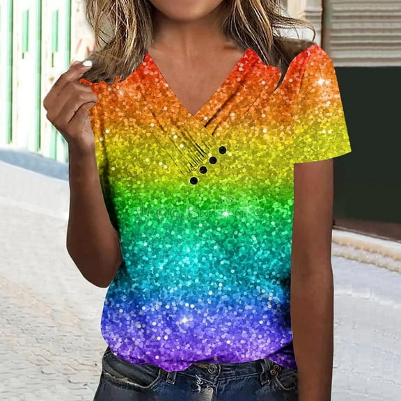 Rezuofi 1 Pcs Pride Shirt for Women Rainbow Graphic T-Shirt Equality Tee Summer Short Sleeve V Neck Tops