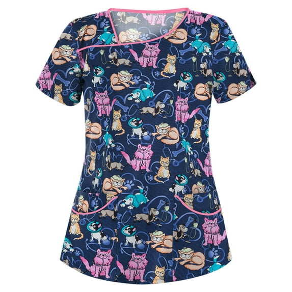 Rezuofi 1 Pcs Scrubs for Women Animal Print Tops for Women V Neck Cartoon Pattern Short Sleeve Nursing Tops with Pockets