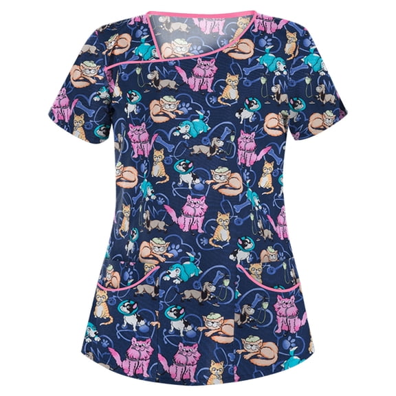 Rezuofi 1 Pcs Scrubs for Women Animal Print Tops for Women V Neck Cartoon Pattern Short Sleeve Nursing Tops with Pockets